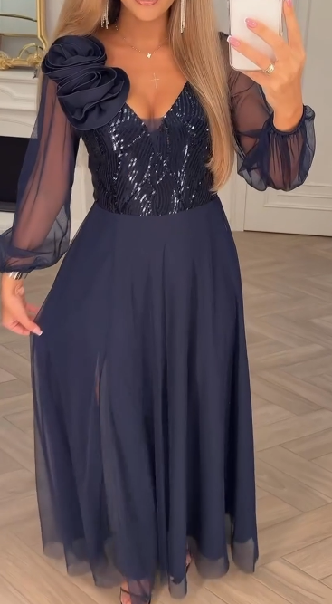 FloriSéquin™ | Lace-Sleeve Dress with Sequin & Floral Embellishments