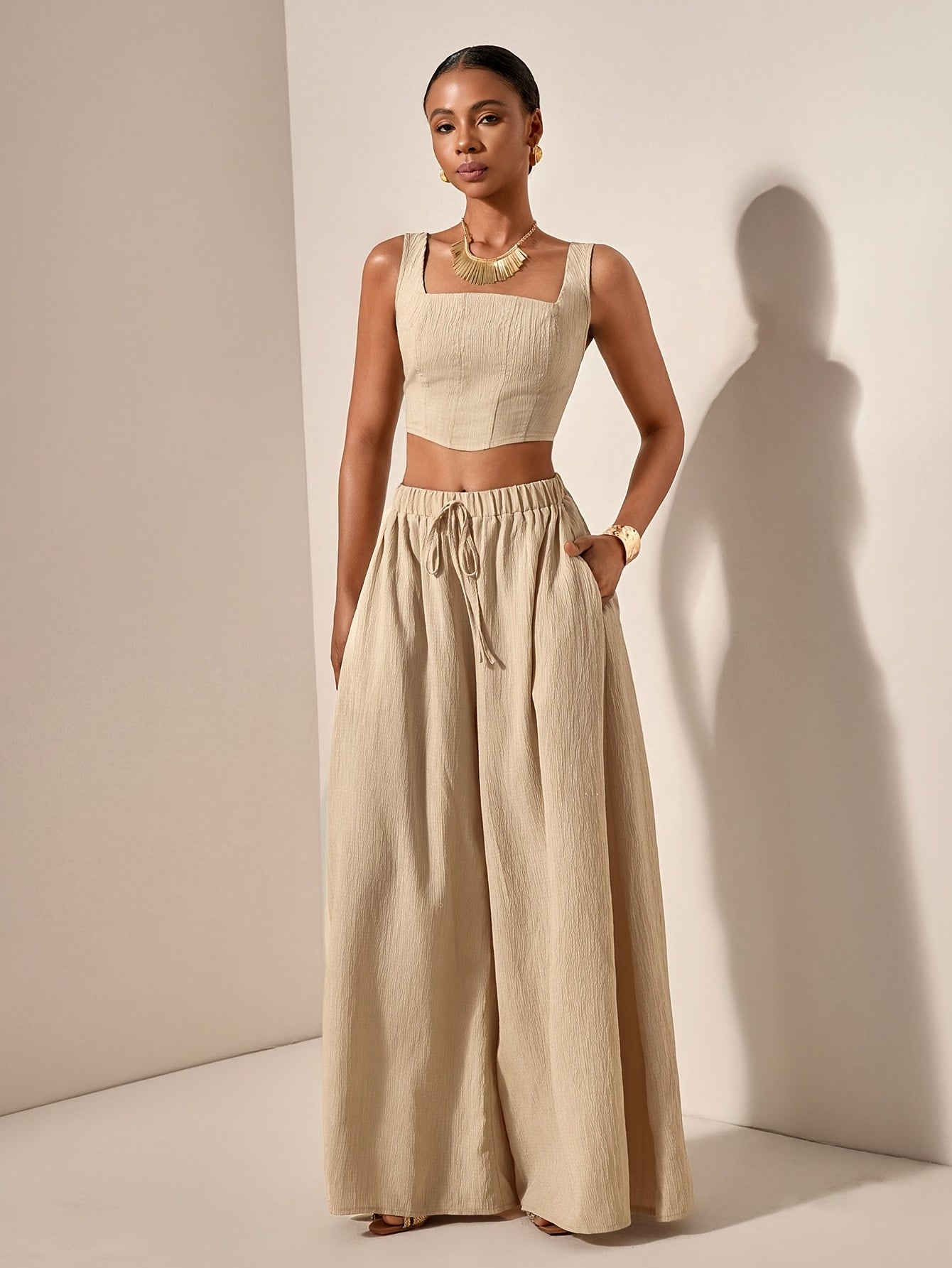 Casual Fishbone Cami Top And Wide-Leg Pants with Pockets 2pcs Set