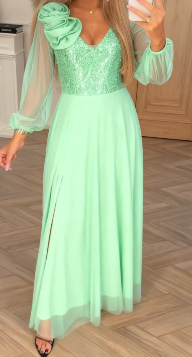 FloriSéquin™ | Lace-Sleeve Dress with Sequin & Floral Embellishments