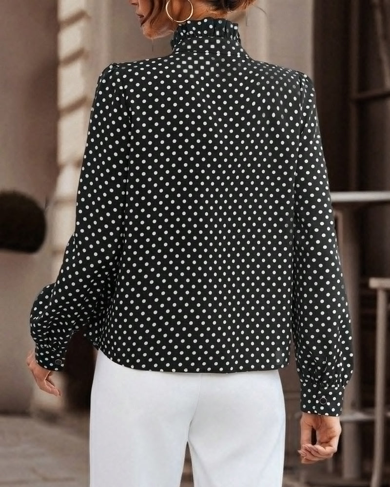 EloraDotte™ | High-Neck Polka-Dot Blouse with Ruffle Trim