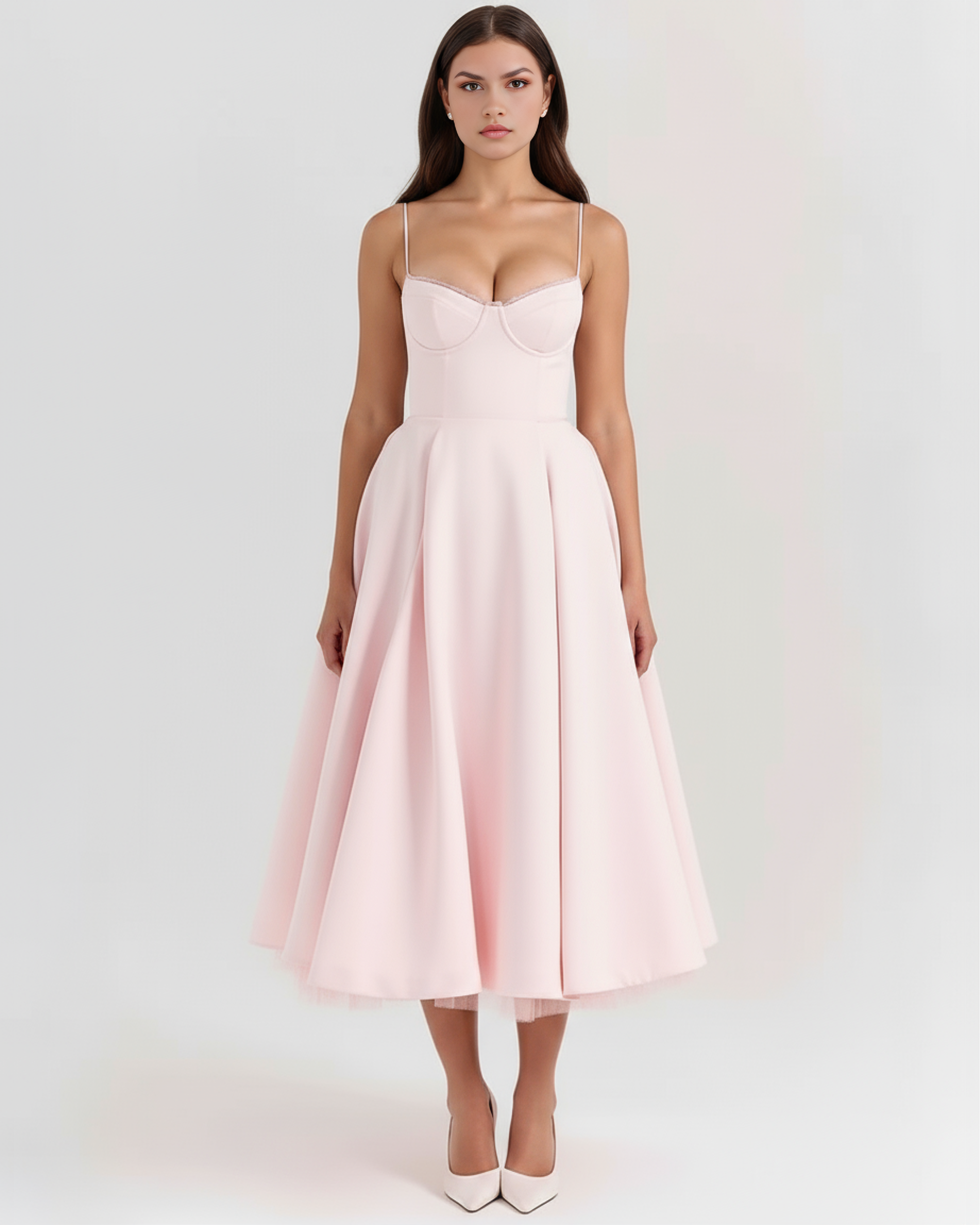 Blush Pink Midi Dress with Tulle Layers and Secret Pockets
