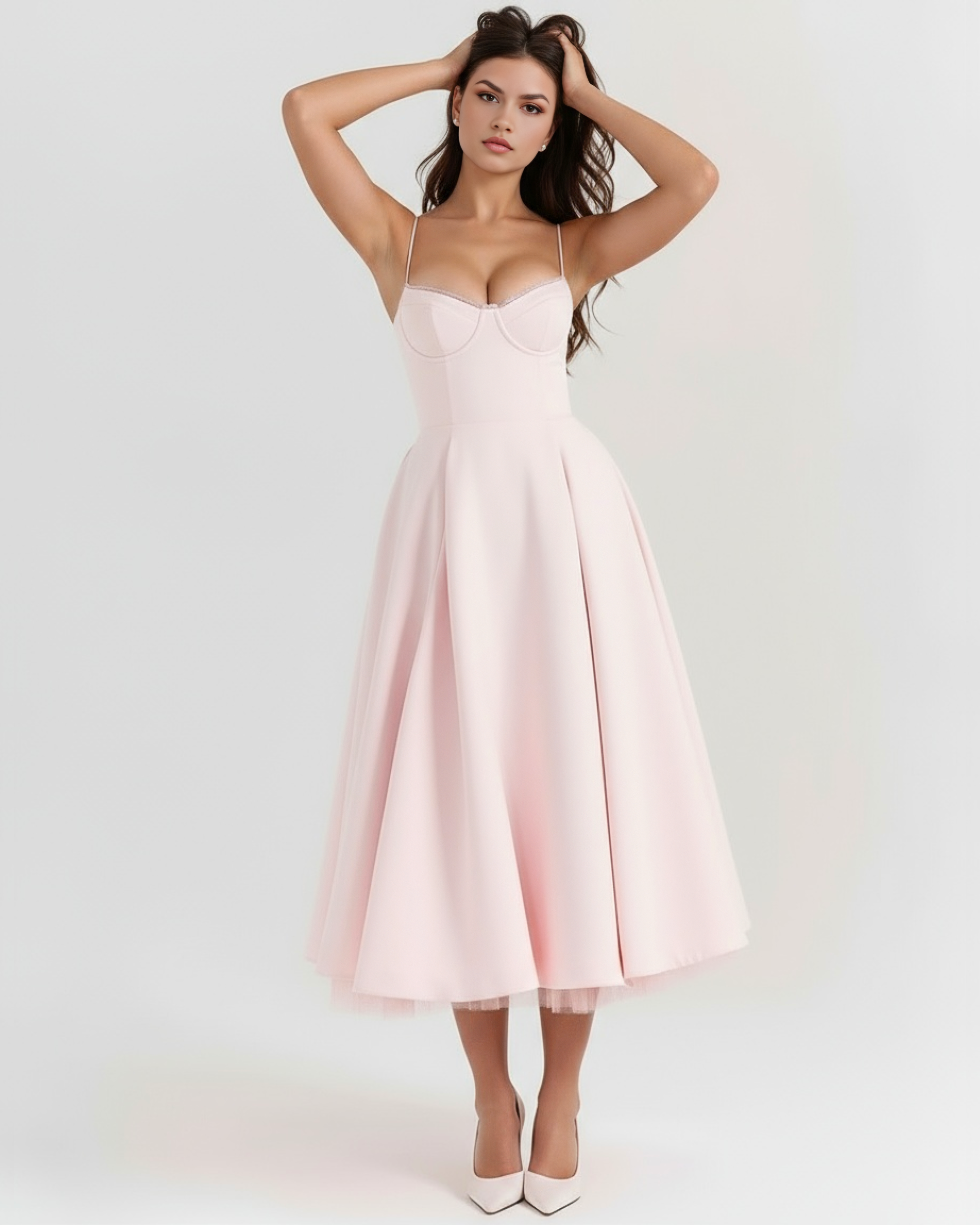 Blush Pink Midi Dress with Tulle Layers and Secret Pockets