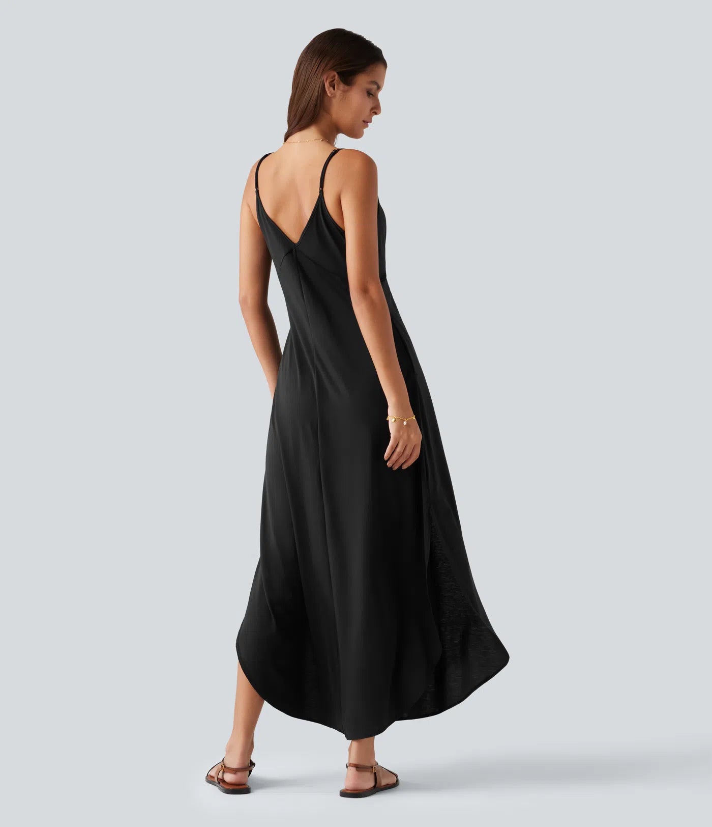 V Neck Split Hem Maxi Casual Slip Dress with Pockets