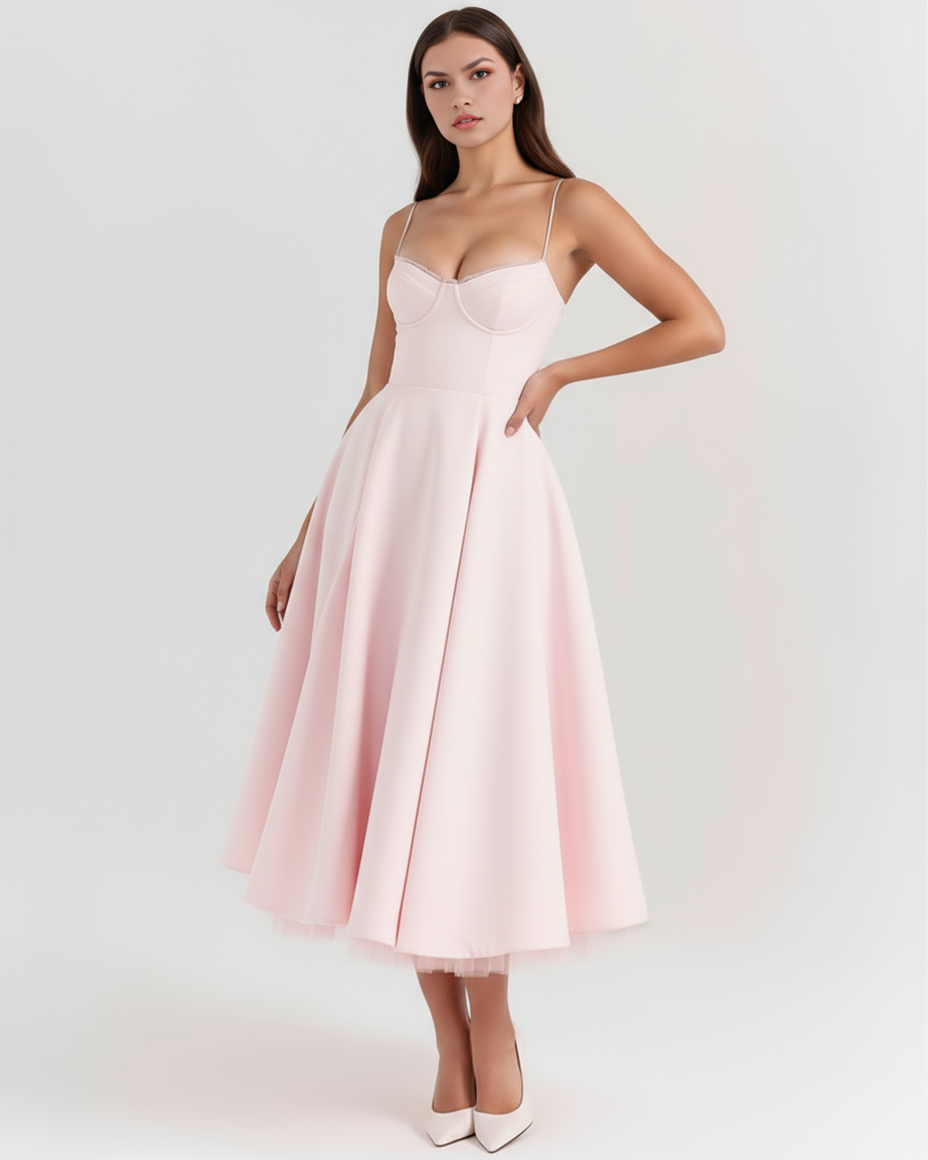 Blush Pink Midi Dress with Tulle Layers and Secret Pockets