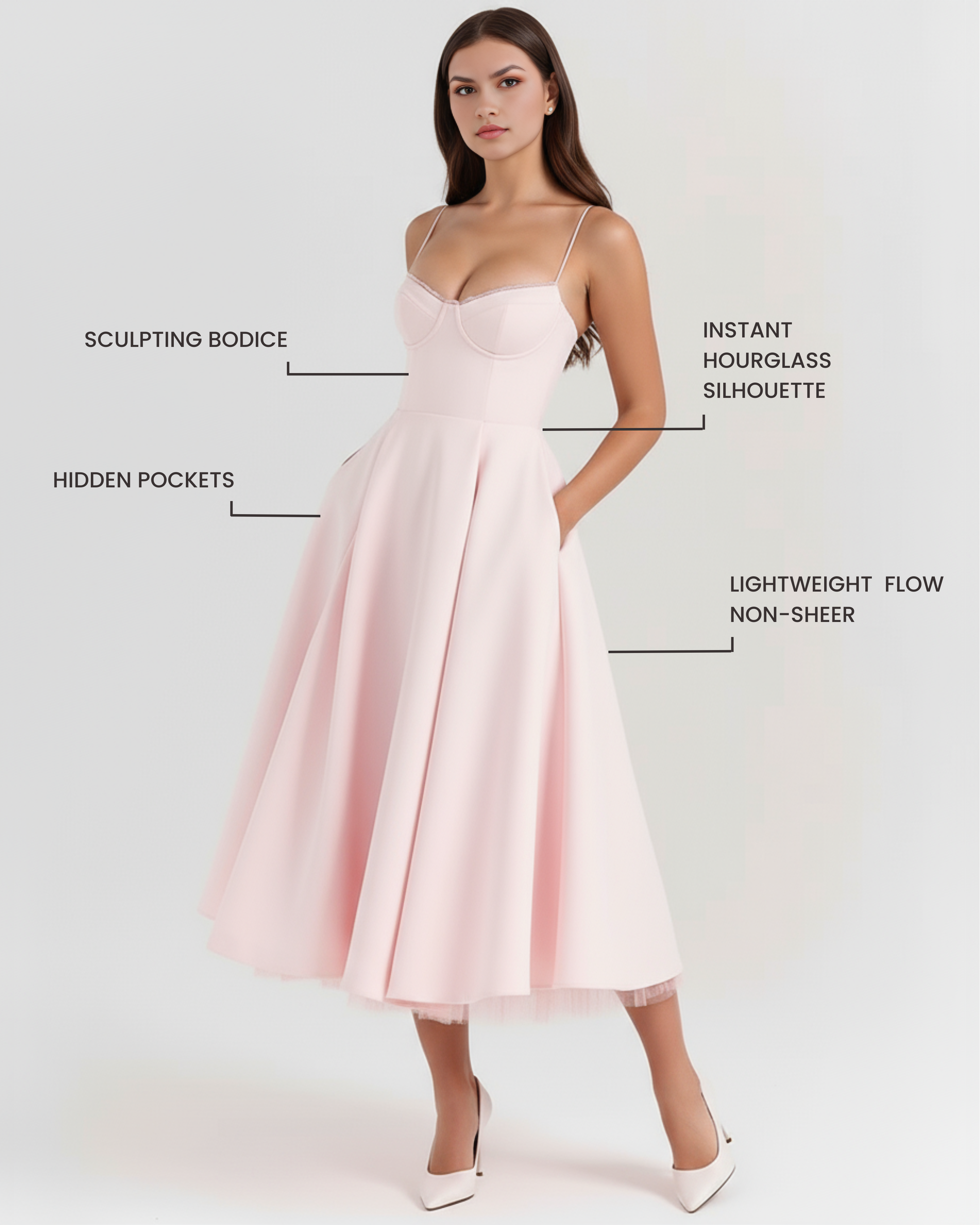 Blush Pink Midi Dress with Tulle Layers and Secret Pockets