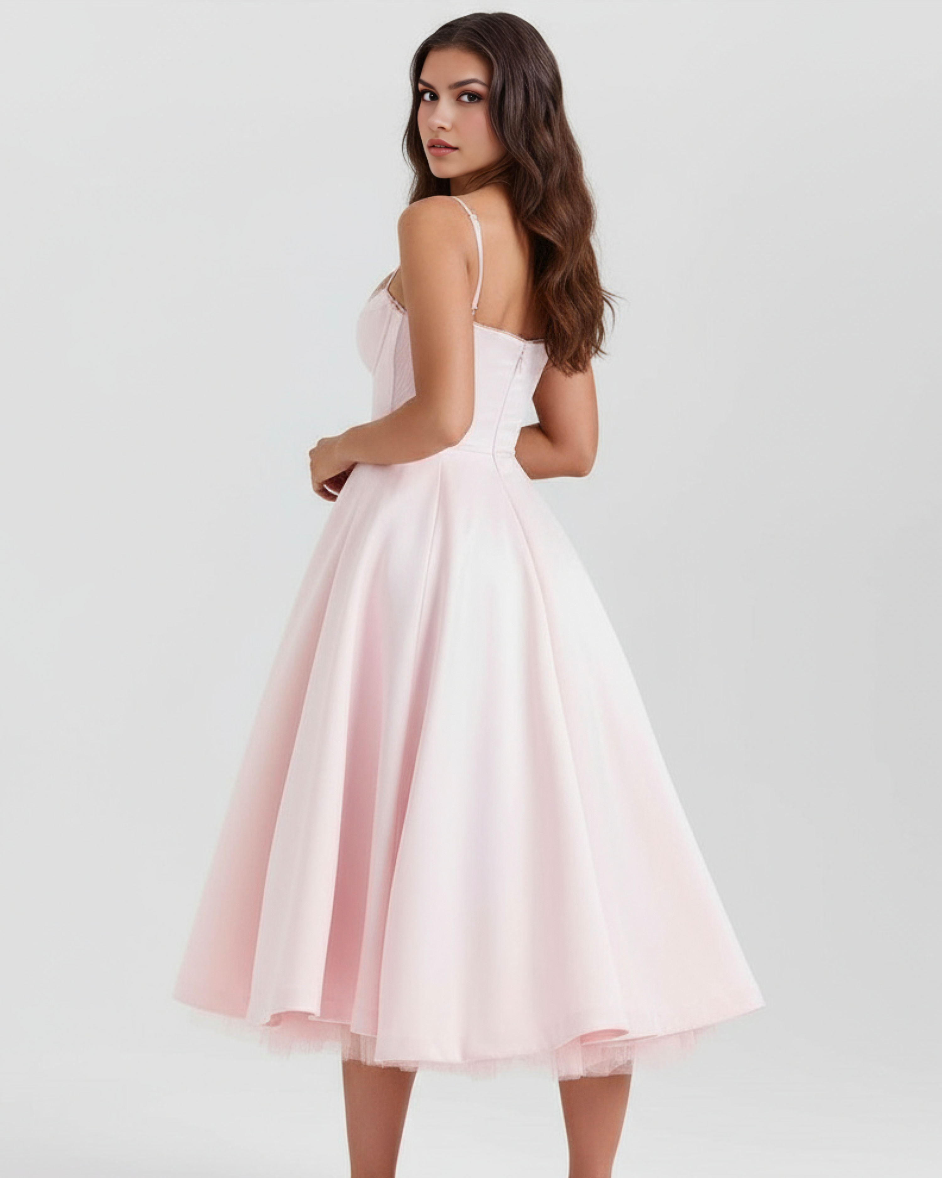 Blush Pink Midi Dress with Tulle Layers and Secret Pockets