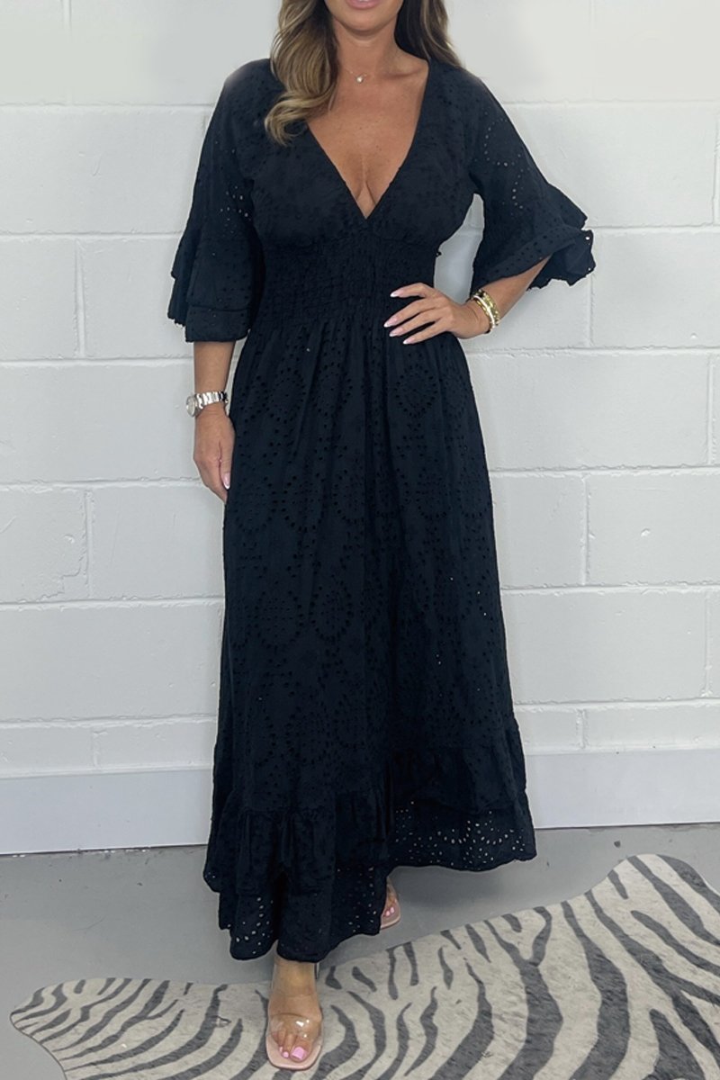 LaceVienne™ | V-Neck Cotton Cutout Lace Dress