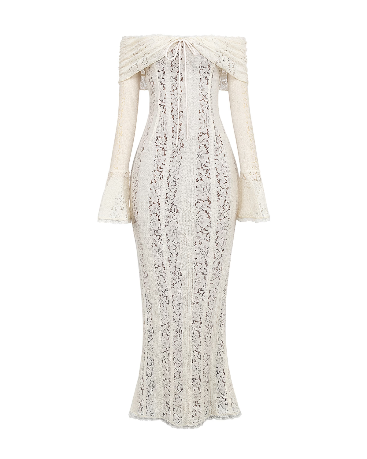 Alessandra White Lace Maxi Dress with Off-Shoulder Neckline & Sweeping Godet