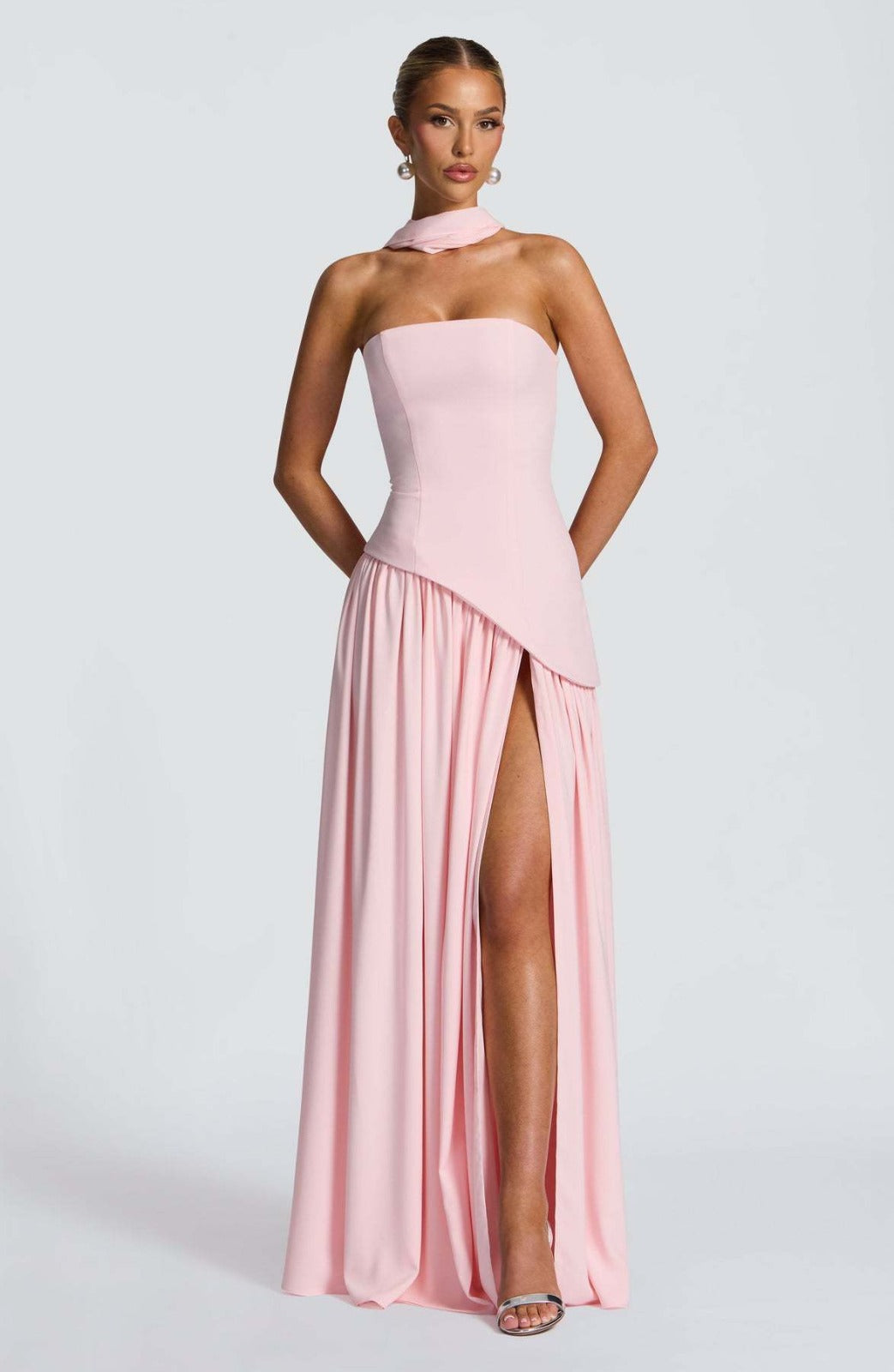 Strapless Long Dress with Ribbon Detail & Front Slit