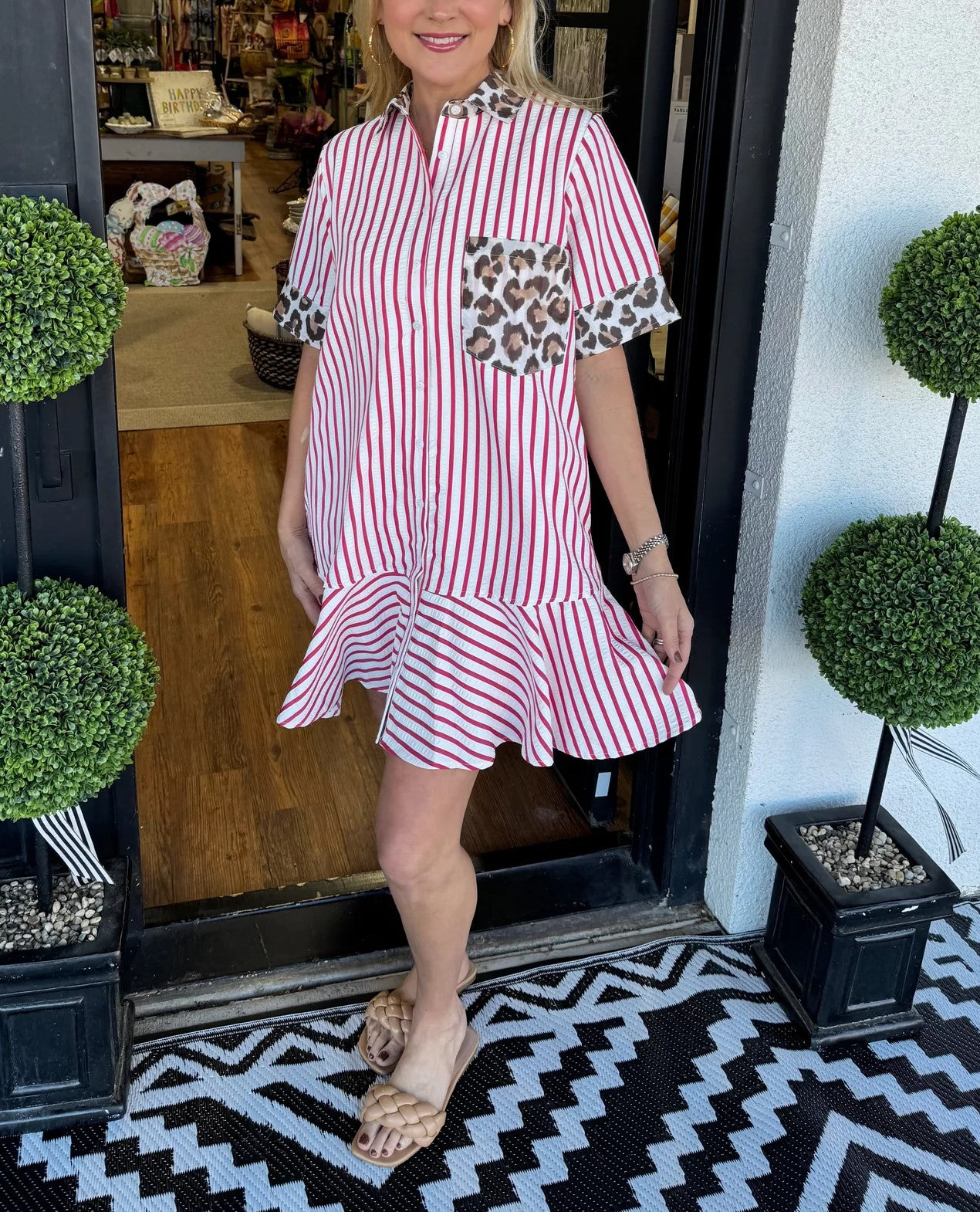 Savara™ | Striped & Animal Print Contrast Button-Down Dress