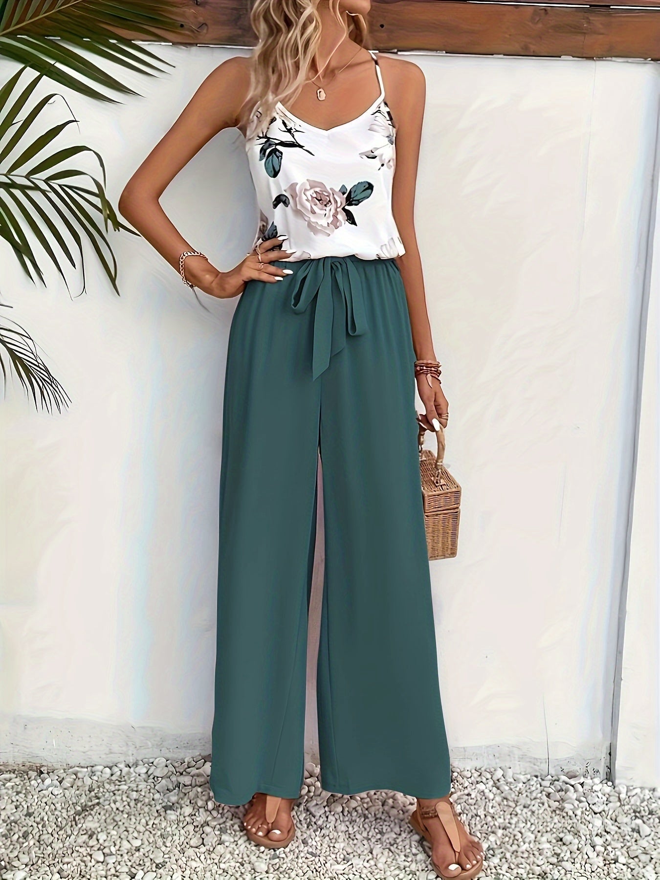 Camibelle™ | Printed Camisole & Solid Pants Set with Bow Belt