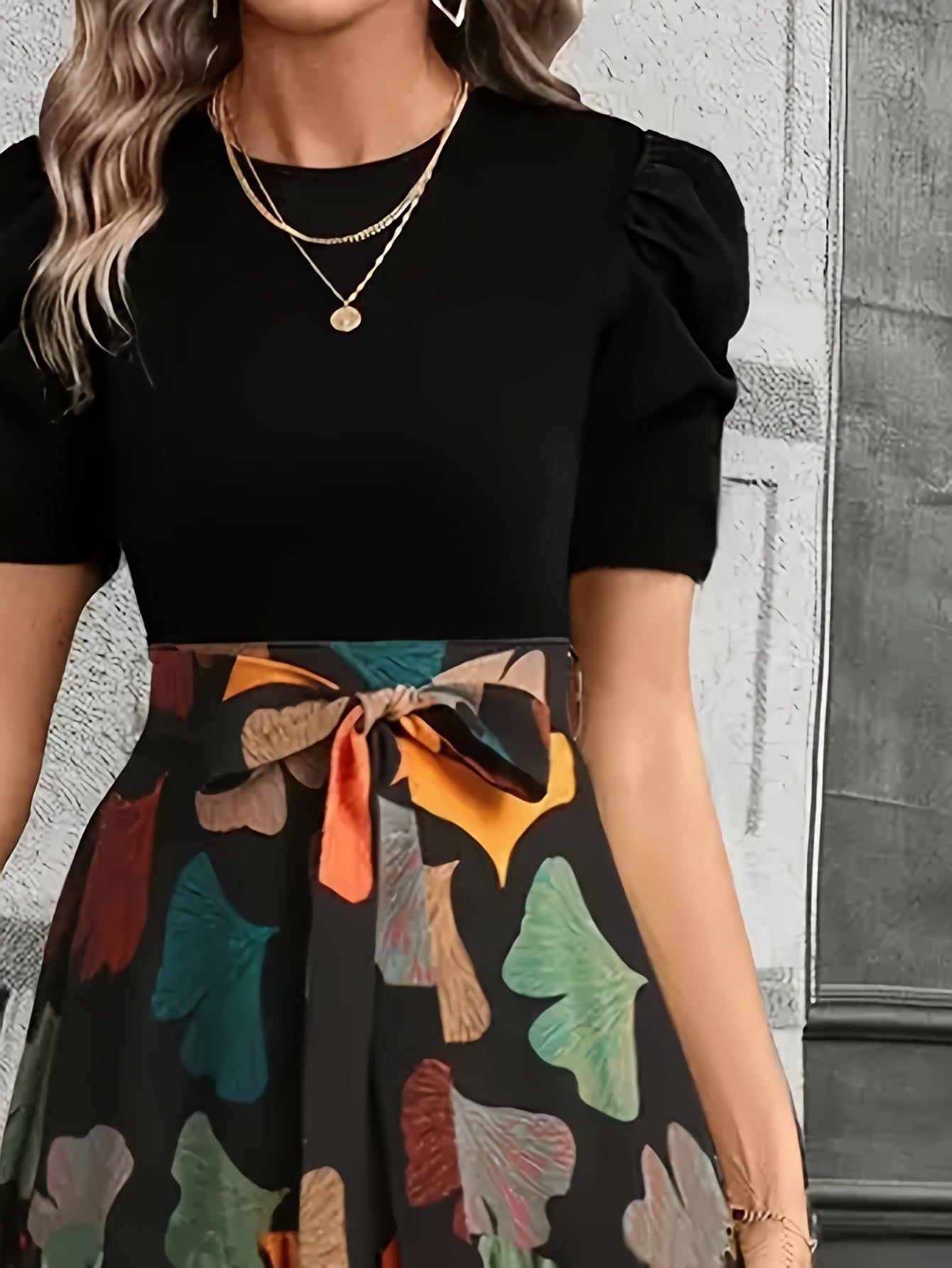 GeoBelle™ | Puff-Sleeve A-Line Geometric Midi Dress