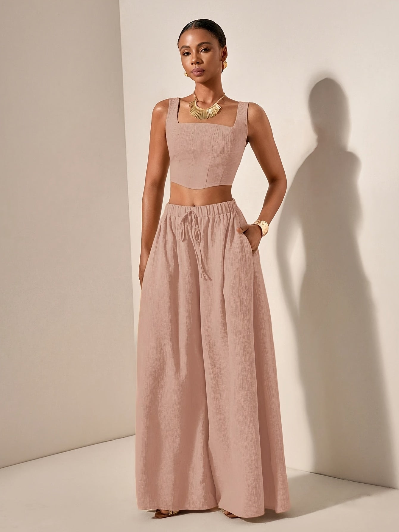 Casual Fishbone Cami Top And Wide-Leg Pants with Pockets 2pcs Set
