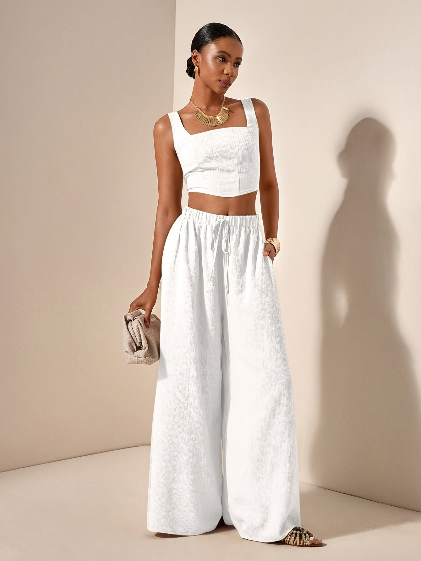 Casual Fishbone Cami Top And Wide-Leg Pants with Pockets 2pcs Set