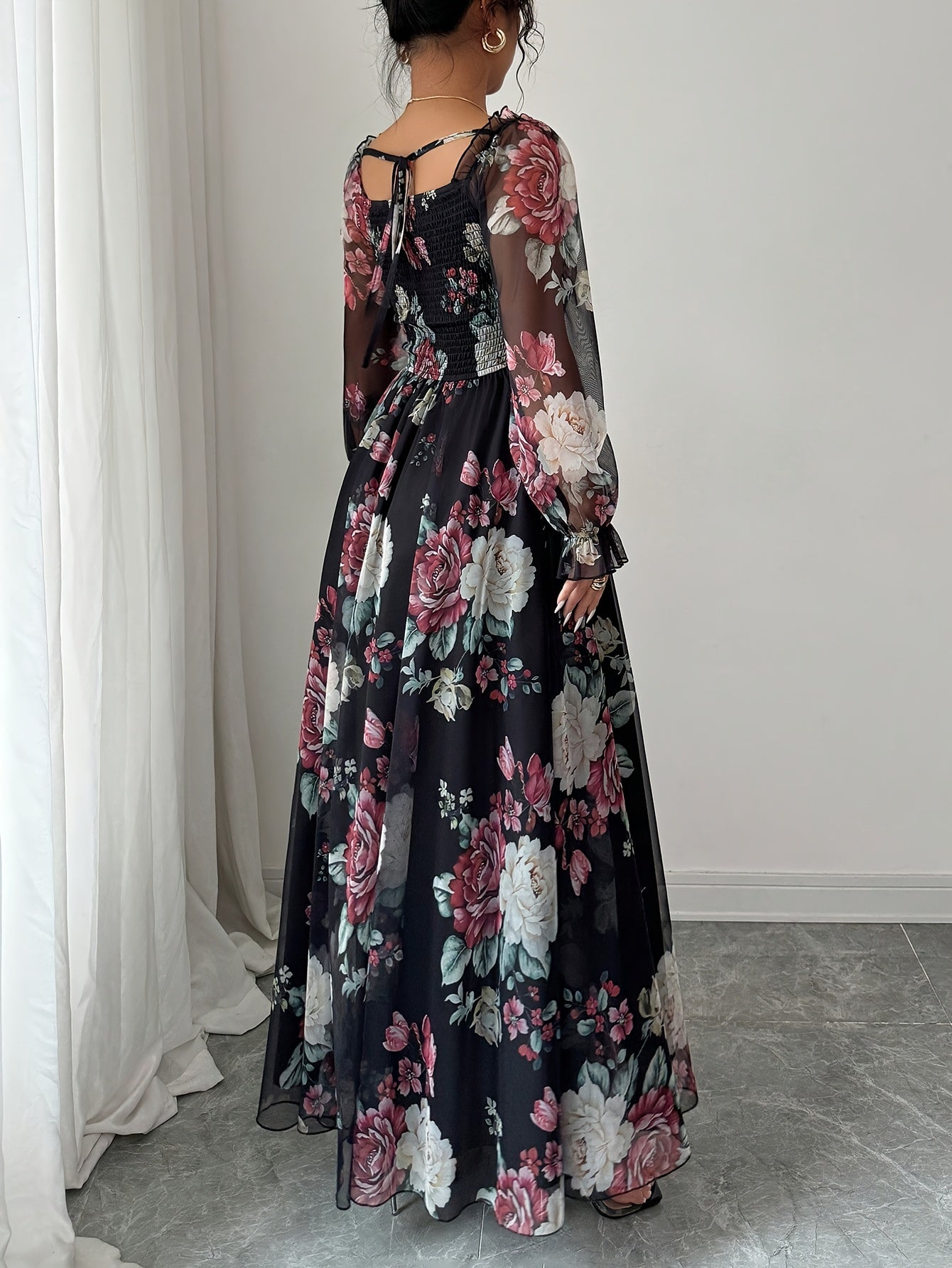 FloraNero™ | Square-Neck Puff-Sleeve Floral A-Line Dress