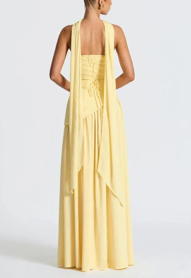 Strapless Long Dress with Ribbon Detail & Front Slit