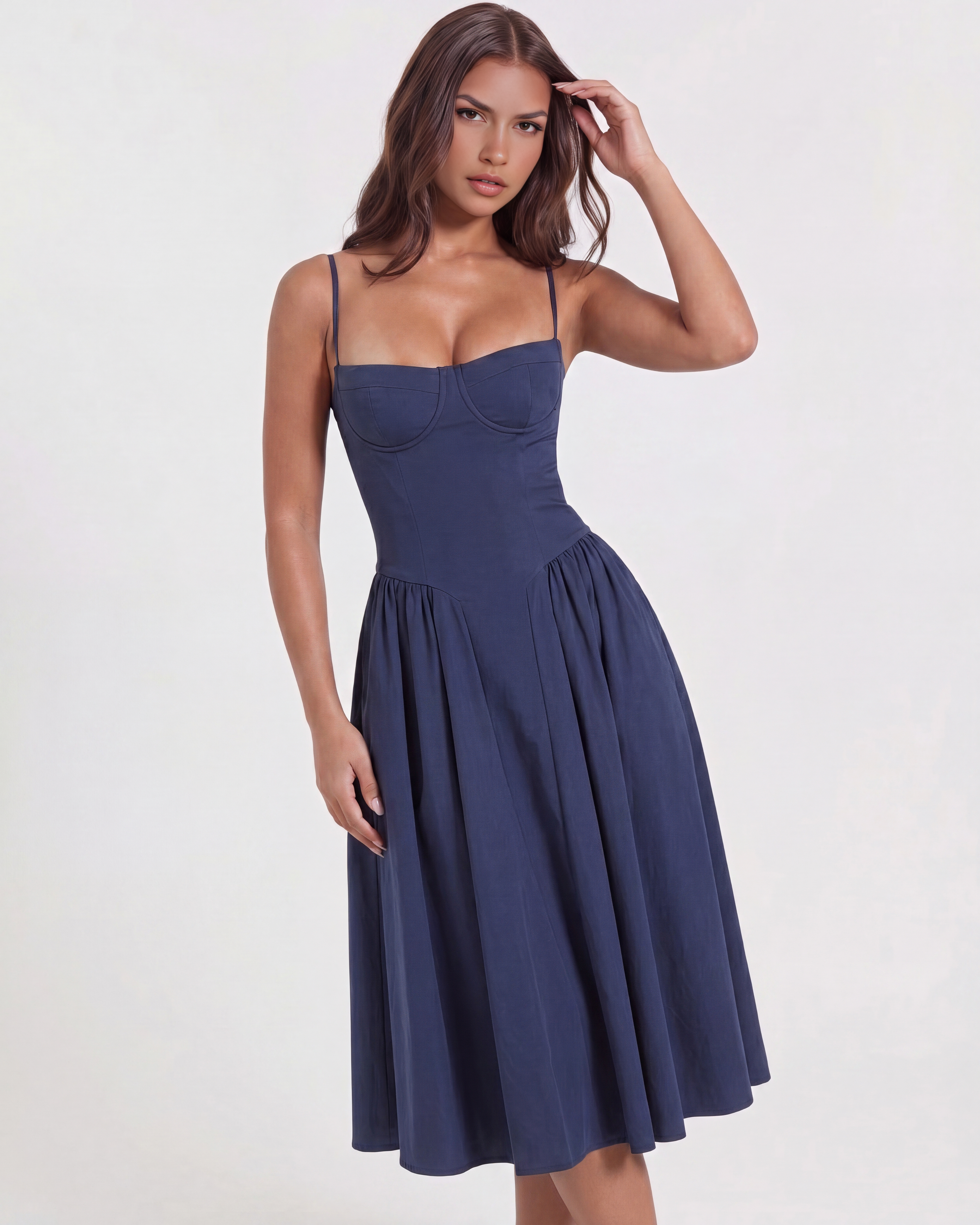 Francesca Navy Blue Midi Dress with Sweetheart Neckline and Hidden Pockets