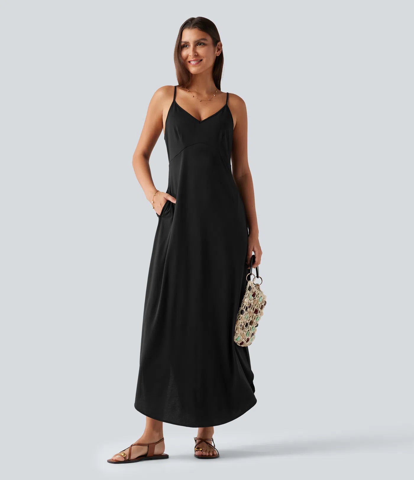 V Neck Split Hem Maxi Casual Slip Dress with Pockets
