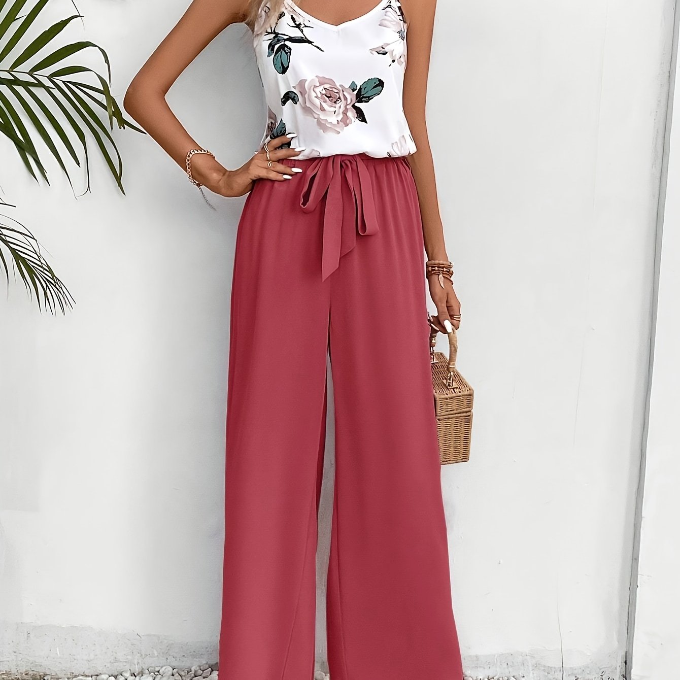 Camibelle™ | Printed Camisole & Solid Pants Set with Bow Belt