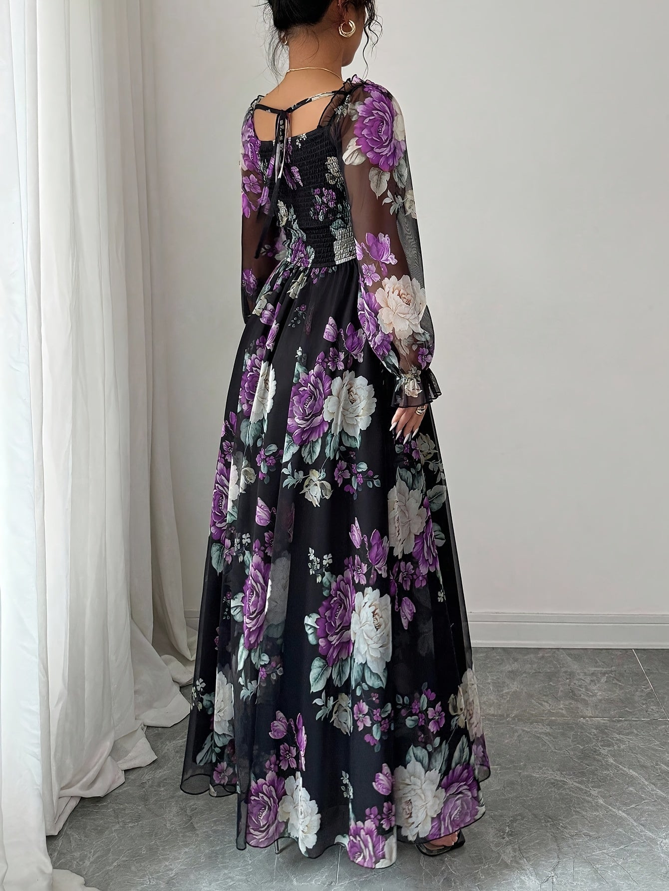FloraNero™ | Square-Neck Puff-Sleeve Floral A-Line Dress