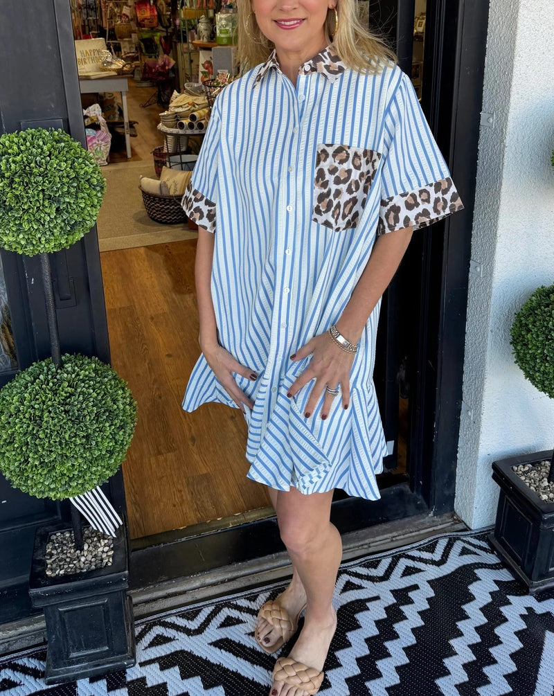 Savara™ | Striped & Animal Print Contrast Button-Down Dress details