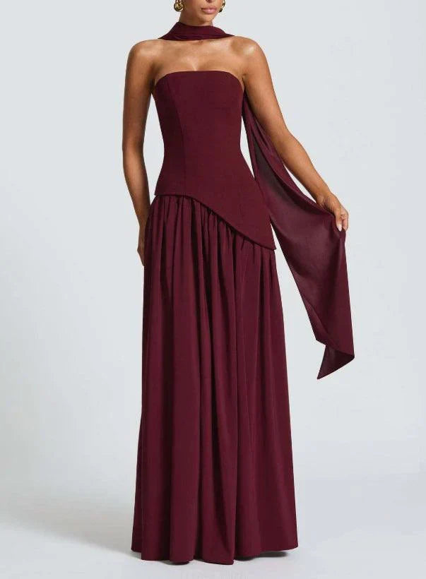Strapless Long Dress with Ribbon Detail & Front Slit
