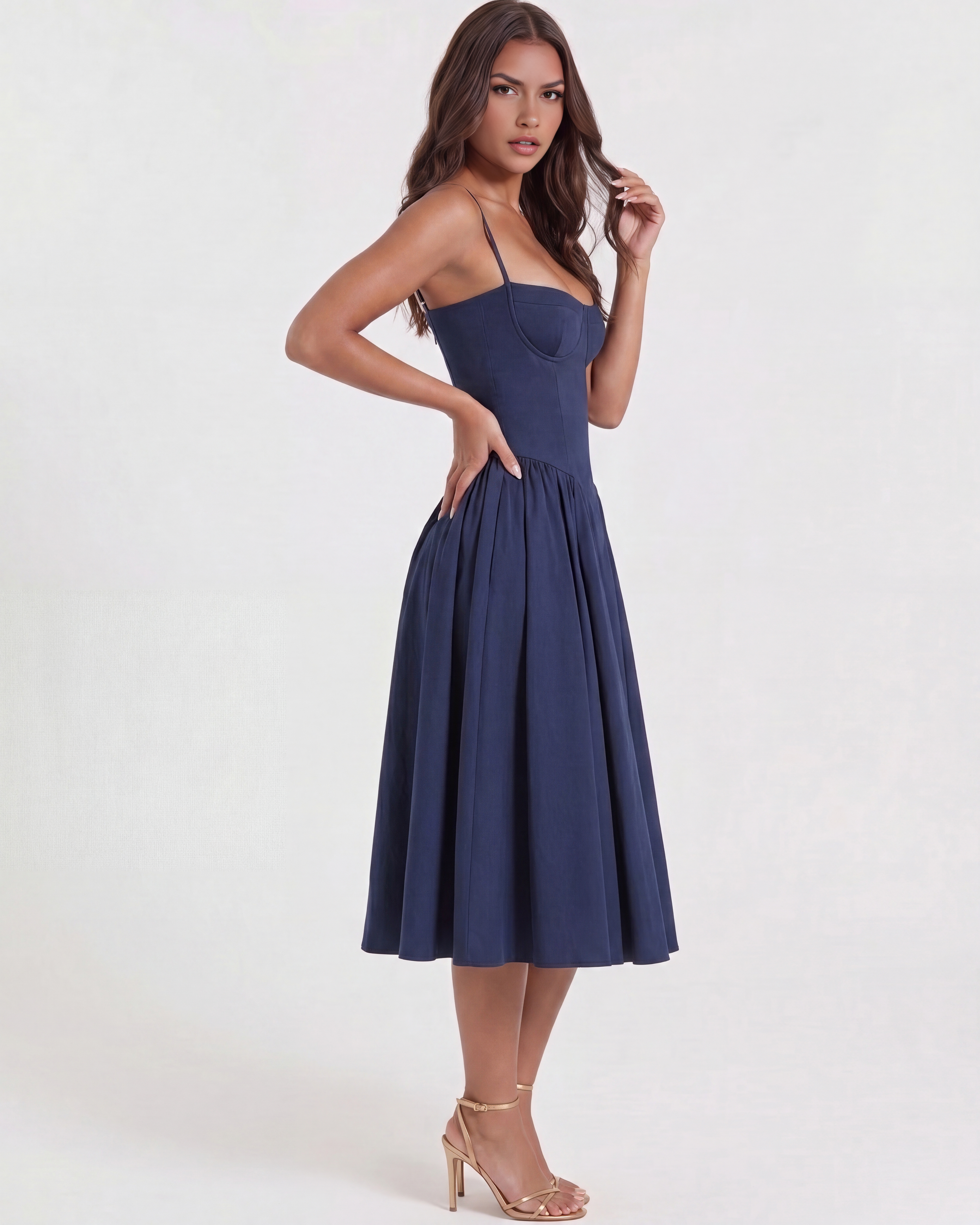 Francesca Navy Blue Midi Dress with Sweetheart Neckline and Hidden Pockets
