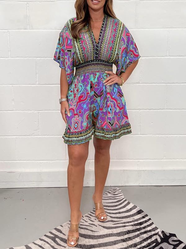 BohéVista™ | V-Neck Batwing Sleeve Printed Shorts Jumpsuit