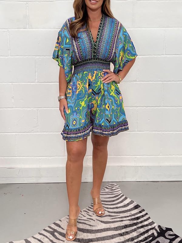 BohéVista™ | V-Neck Batwing Sleeve Printed Shorts Jumpsuit