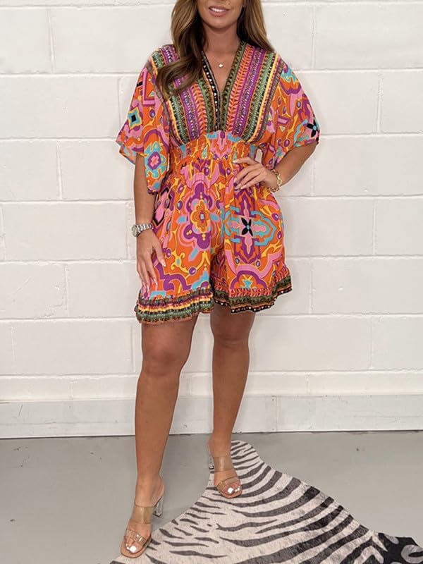 BohéVista™ | V-Neck Batwing Sleeve Printed Shorts Jumpsuit