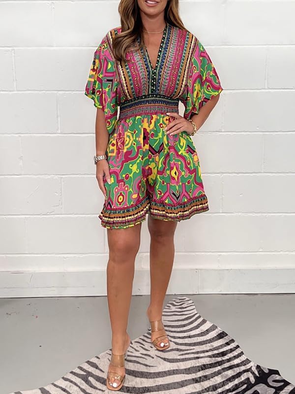 BohéVista™ | V-Neck Batwing Sleeve Printed Shorts Jumpsuit