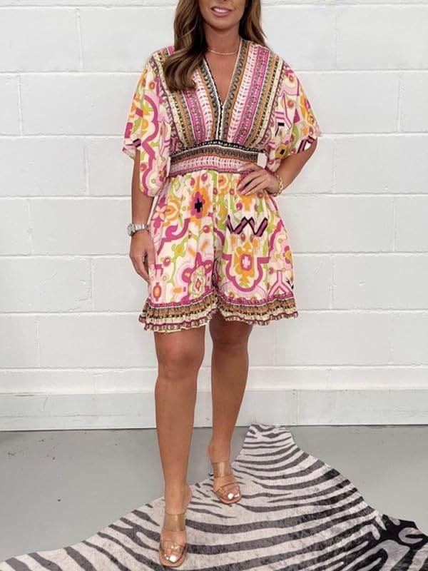 BohéVista™ | V-Neck Batwing Sleeve Printed Shorts Jumpsuit