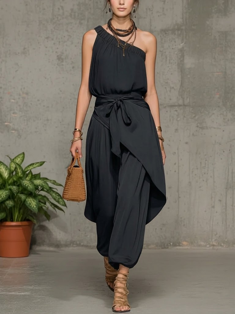 Elegant One-Shoulder Draped Jumpsuit