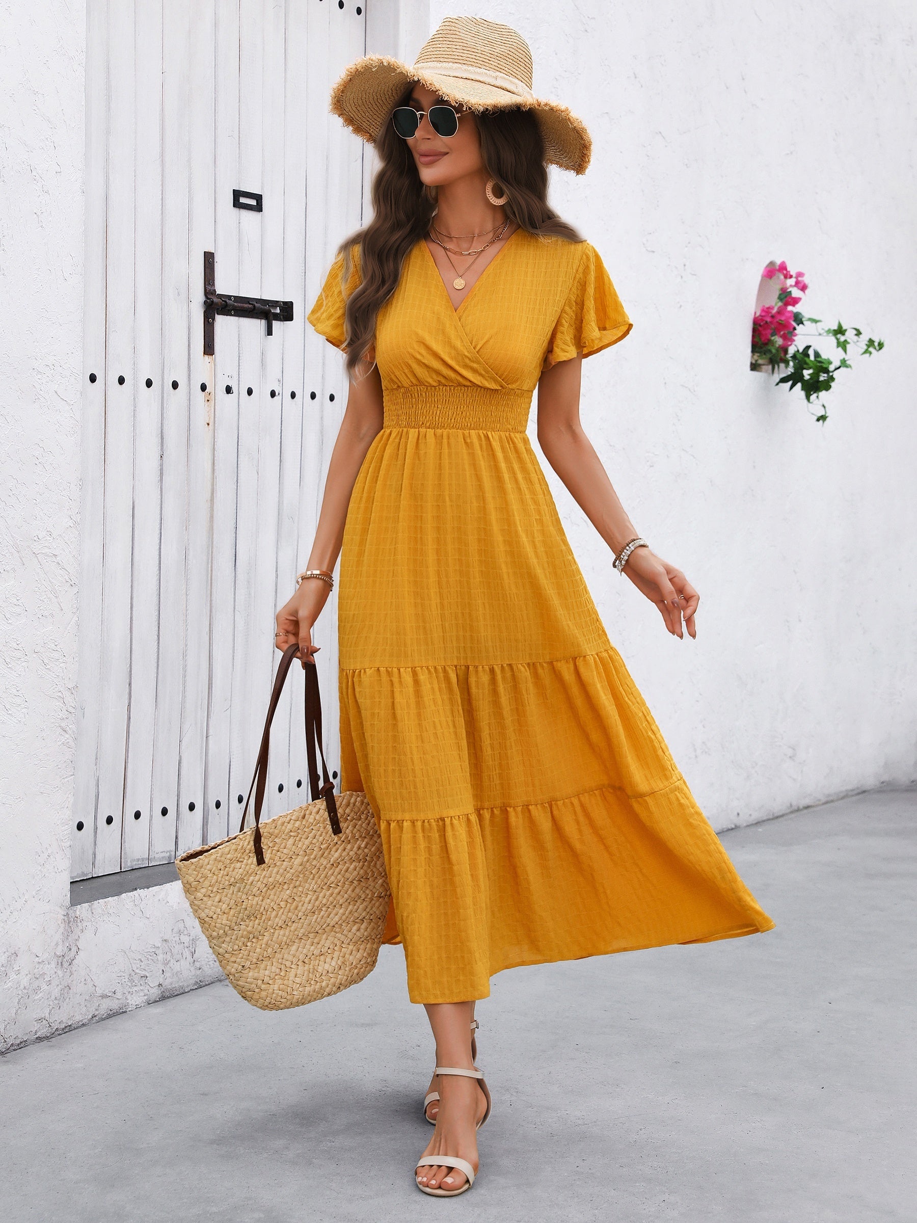 Aurefleur™ | Cross-Neck Butterfly Sleeve Layered Hem Dress