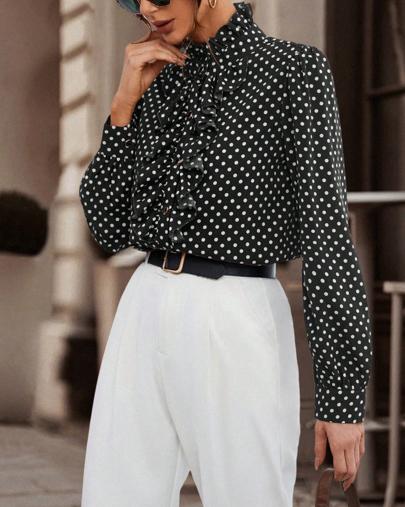 EloraDotte™ | High-Neck Polka-Dot Blouse with Ruffle Trim
