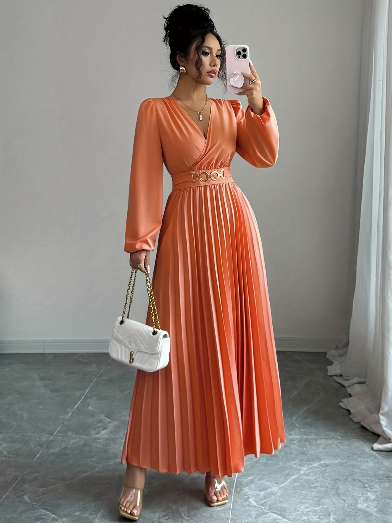 Vellamira™ | Metallic V-Neck Puff-Sleeve Evening Gown