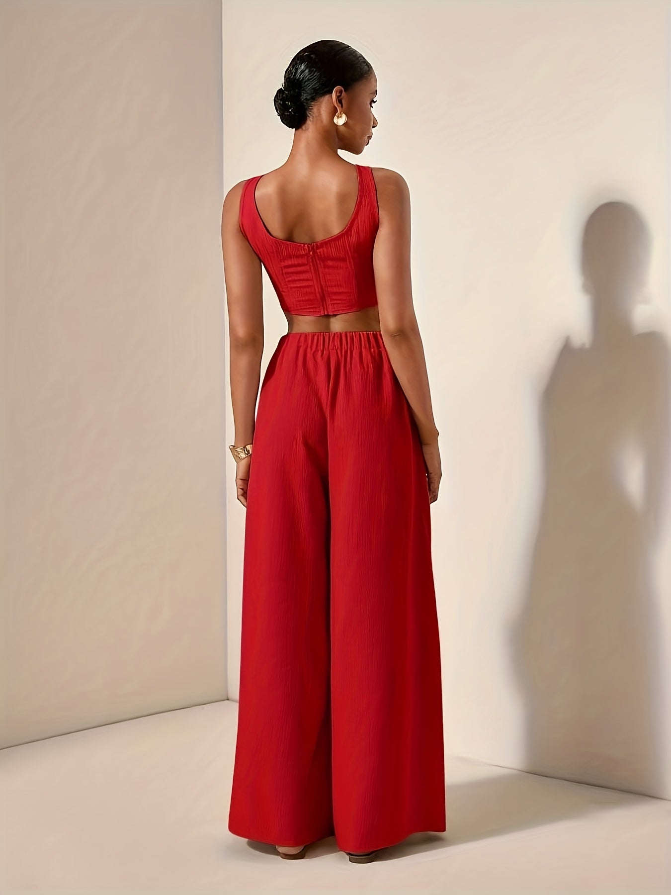 Casual Fishbone Cami Top And Wide-Leg Pants with Pockets 2pcs Set