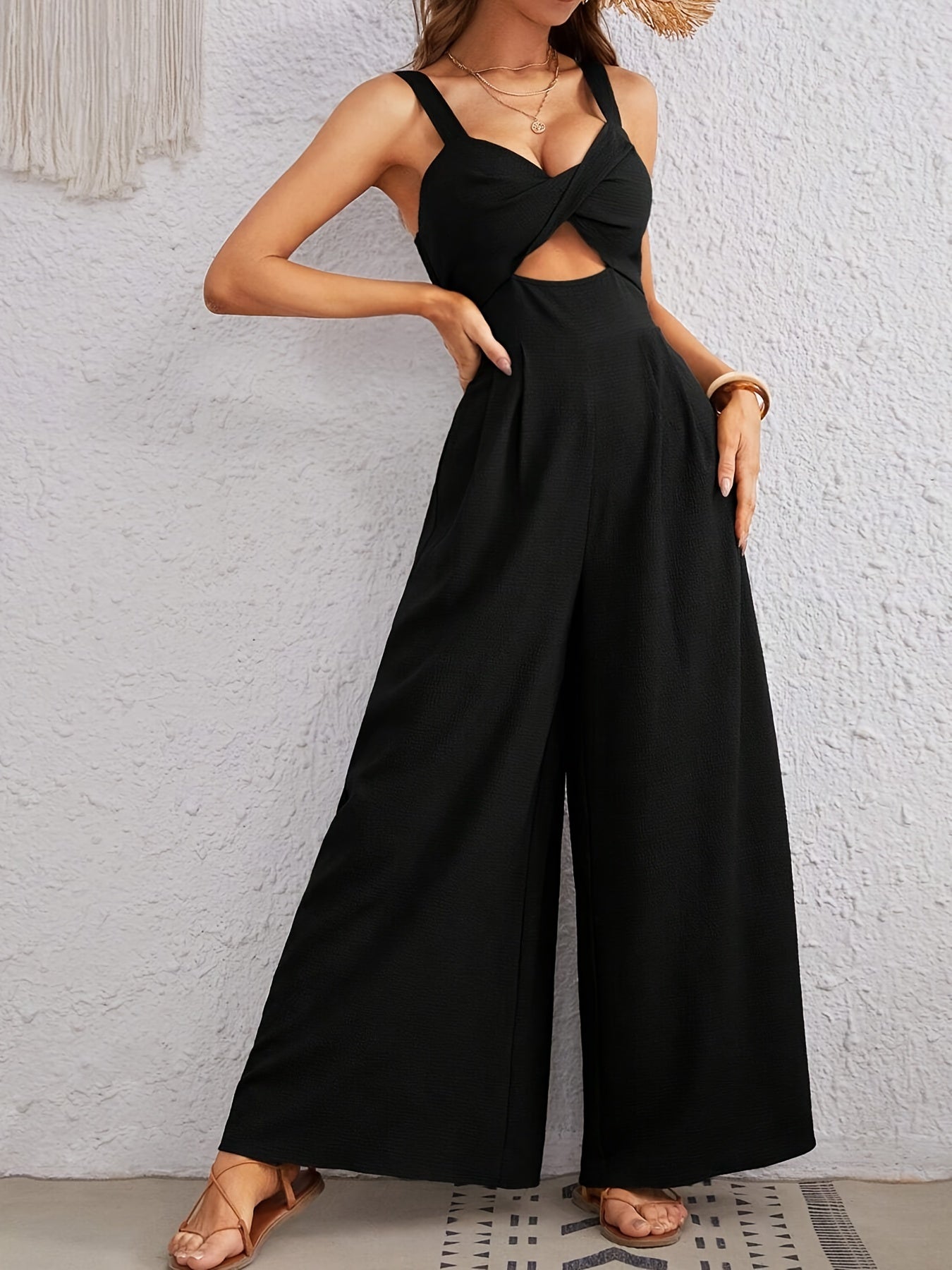 Twisted Pleat Front Cutout Wide-leg Jumpsuit with Straps
