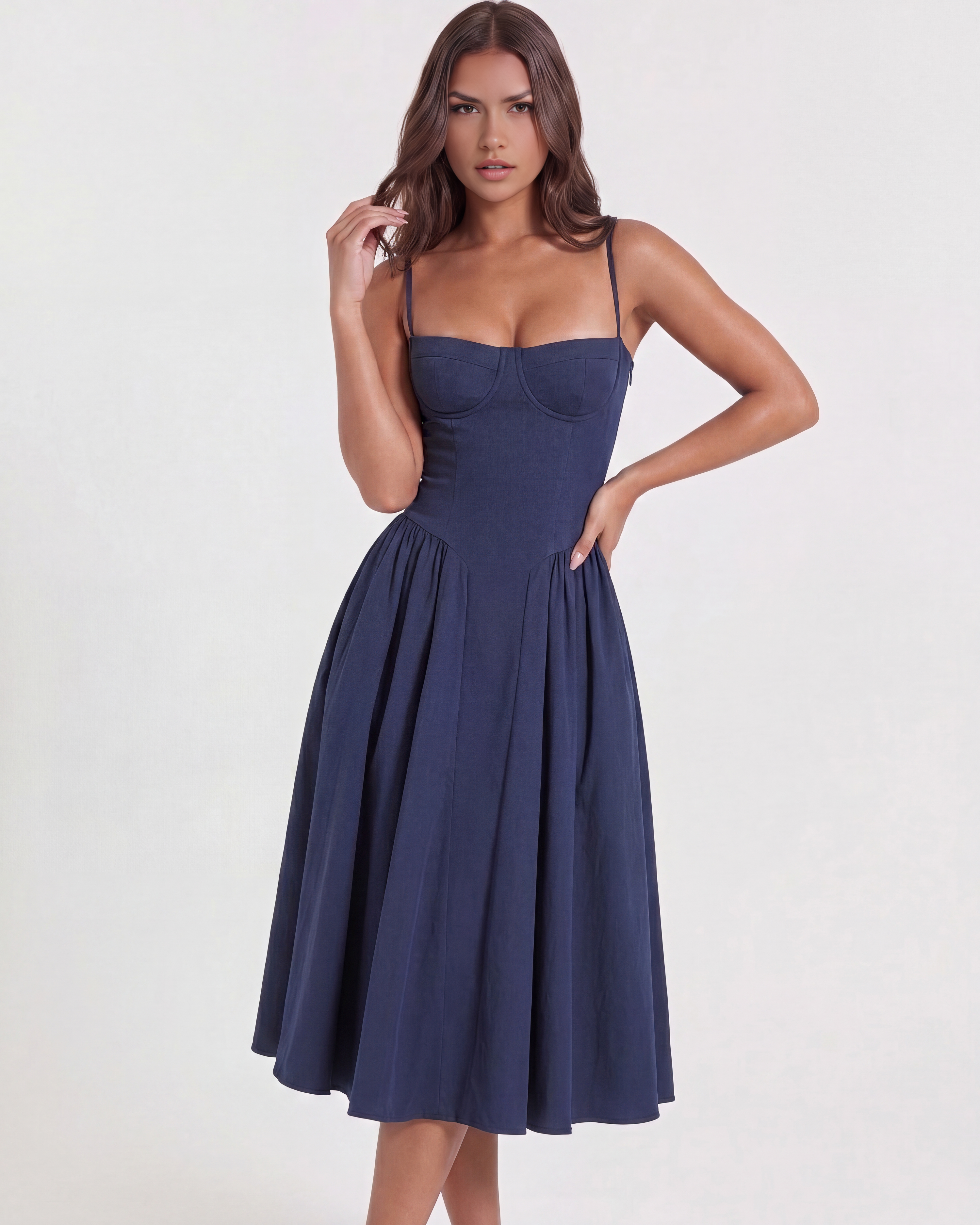 Francesca Navy Blue Midi Dress with Sweetheart Neckline and Hidden Pockets