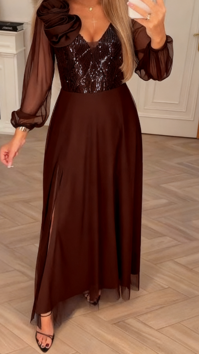 FloriSéquin™ | Lace-Sleeve Dress with Sequin & Floral Embellishments