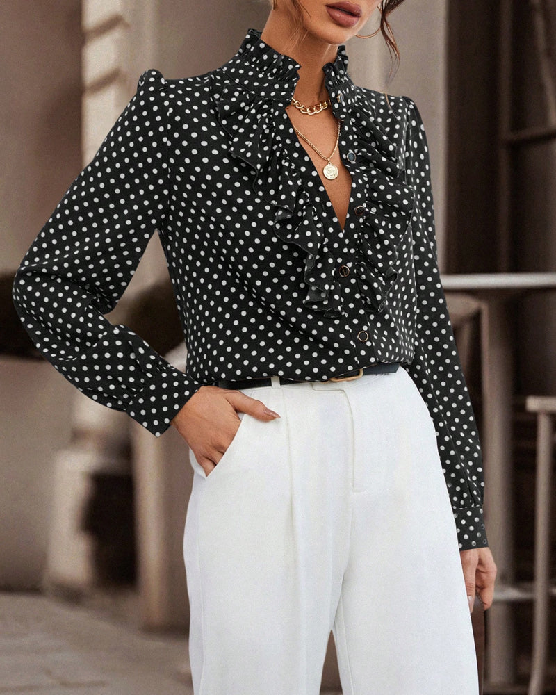 EloraDotte™ | High-Neck Polka-Dot Blouse with Ruffle Trim