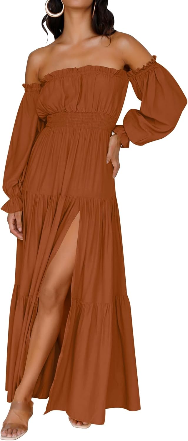 Zesica™ | Off-Shoulder Smocked High-Waist Maxi Dress