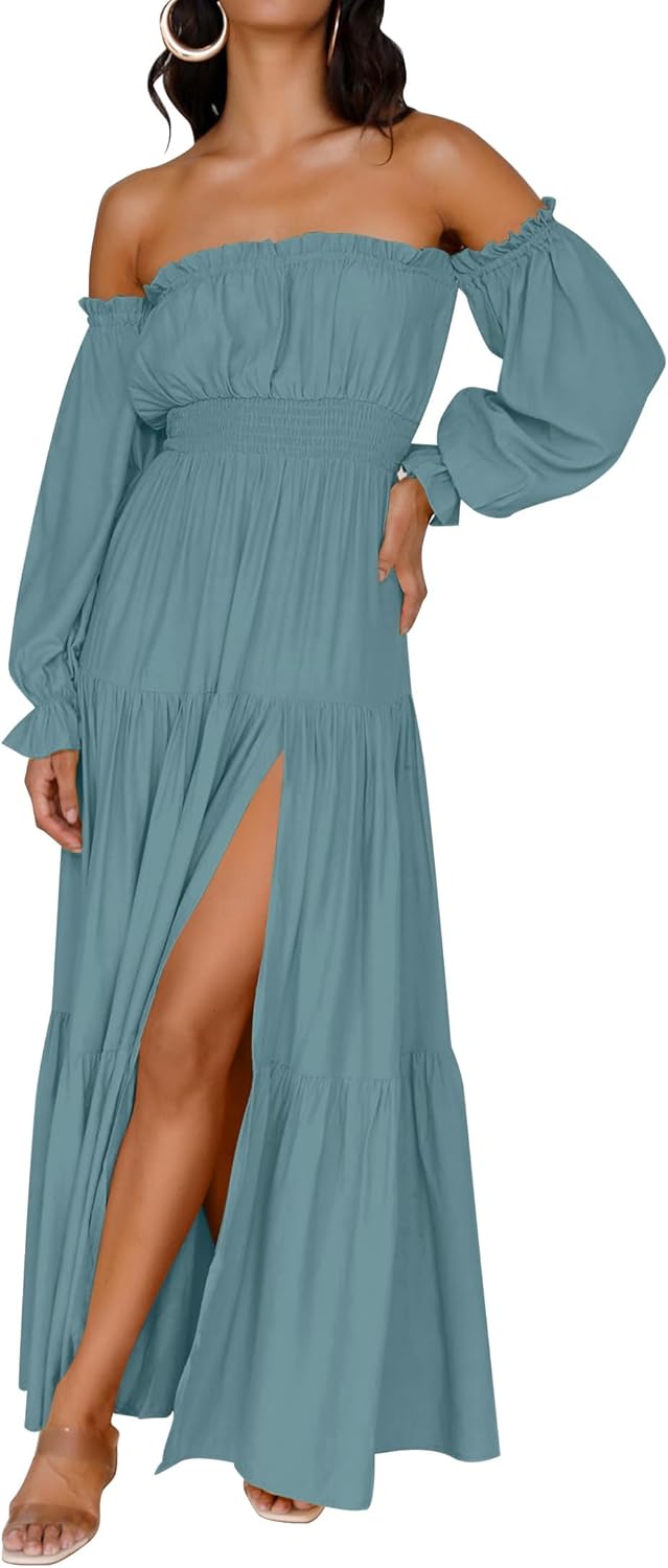 Zesica™ | Off-Shoulder Smocked High-Waist Maxi Dress