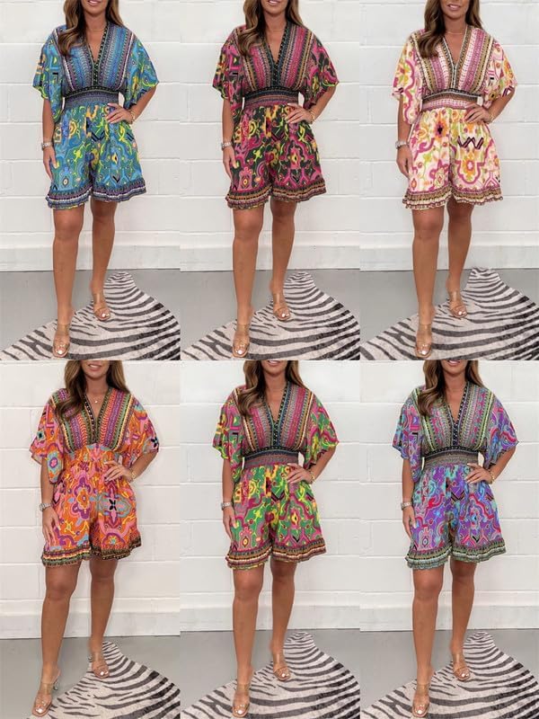 BohéVista™ | V-Neck Batwing Sleeve Printed Shorts Jumpsuit