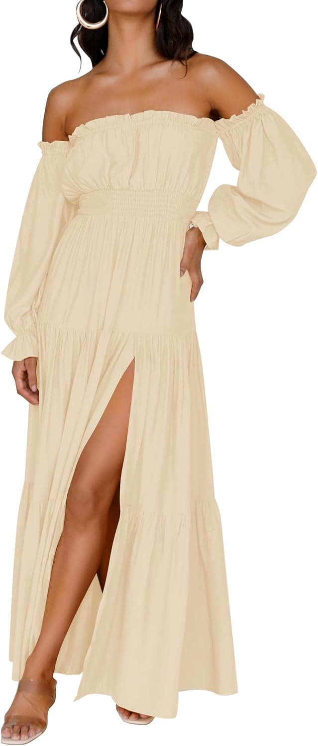 Zesica™ | Off-Shoulder Smocked High-Waist Maxi Dress