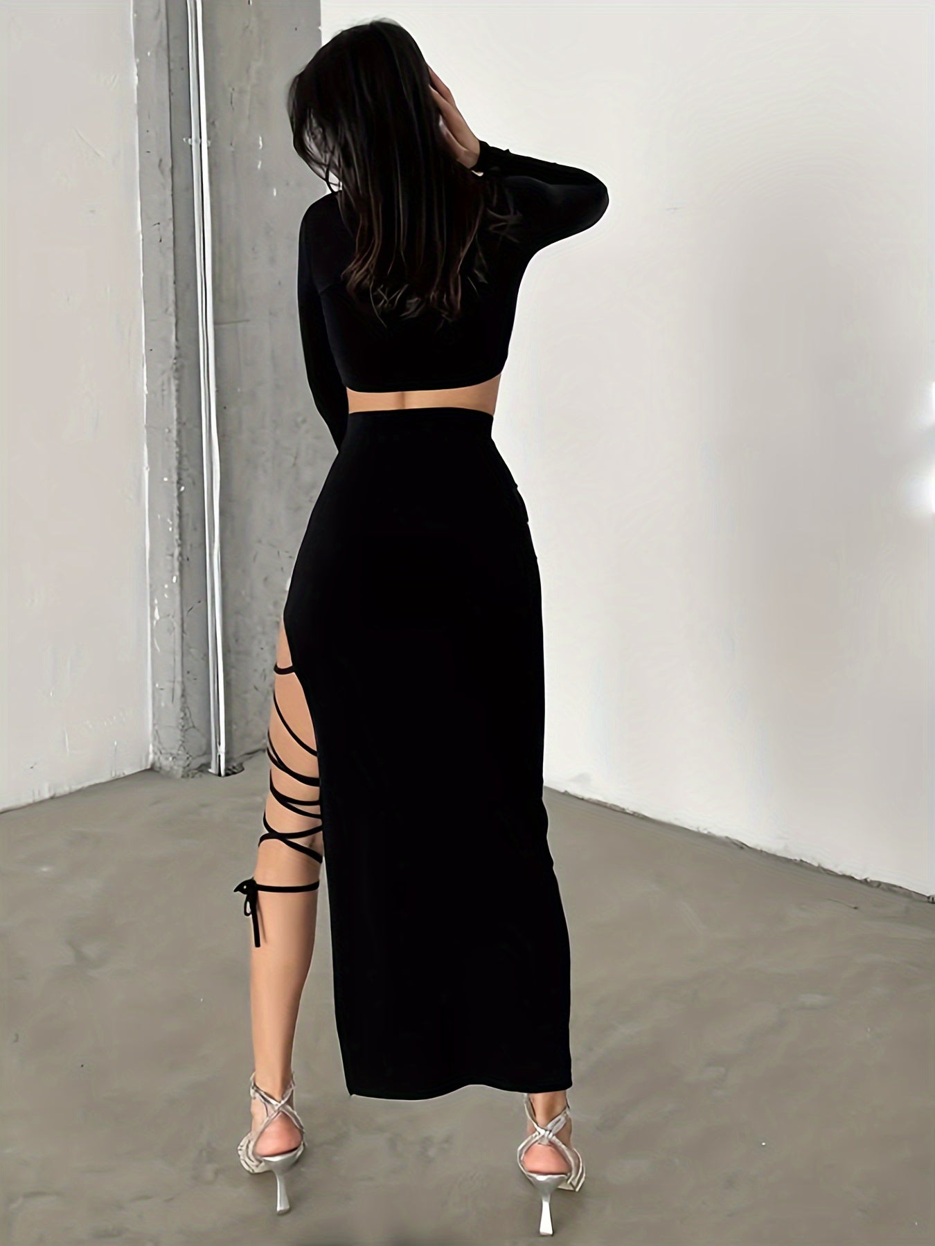 Women Sexy 2pcs Set - Long Sleeve Crop Top and One Side Split Lace Up Long Skirt