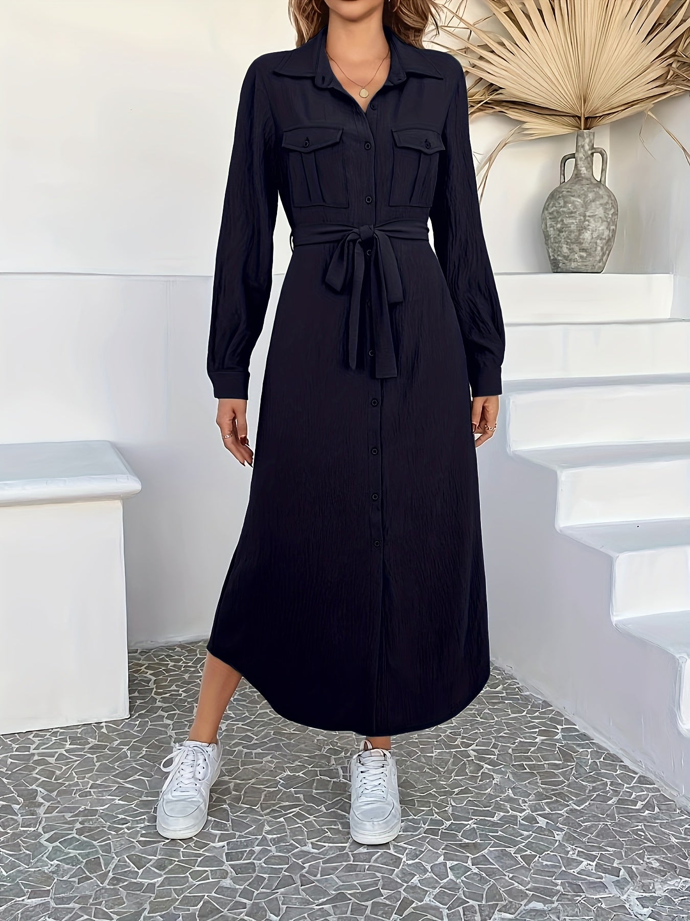 Aveline™ | Belted Button-Front A-Line Shirt Dress
