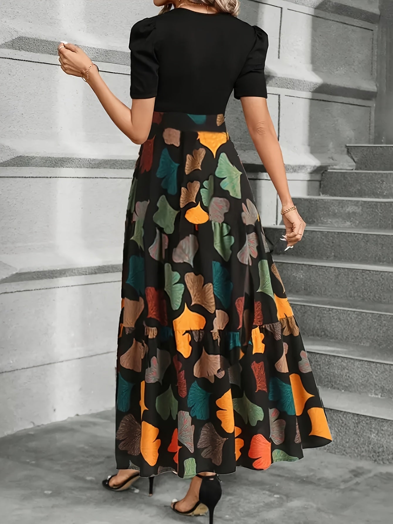 GeoBelle™ | Puff-Sleeve A-Line Geometric Midi Dress