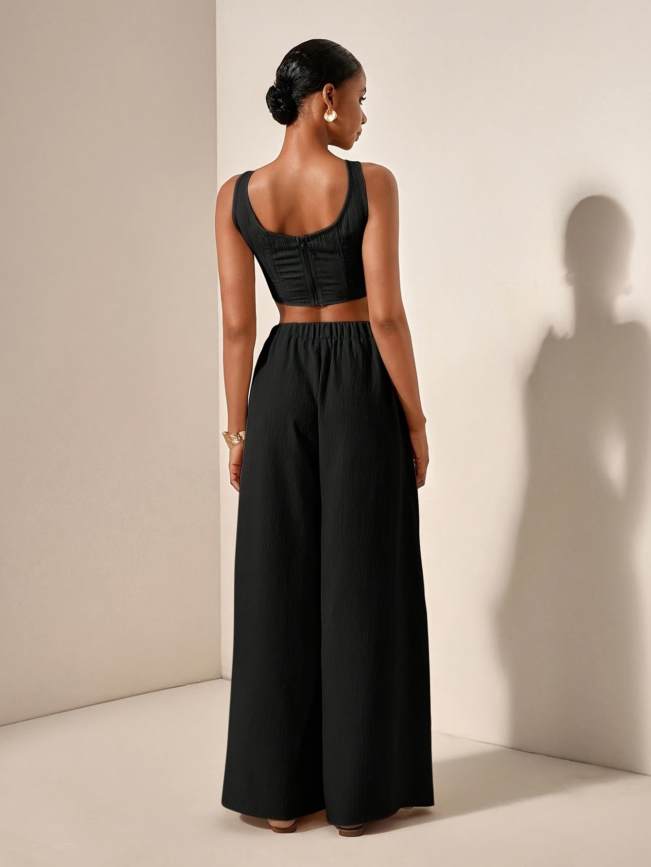 Casual Fishbone Cami Top And Wide-Leg Pants with Pockets 2pcs Set