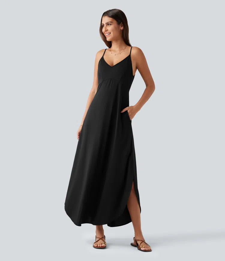 V Neck Split Hem Maxi Casual Slip Dress with Pockets